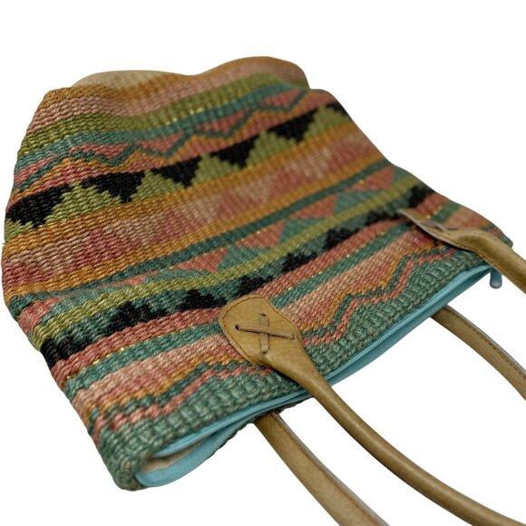 Vtg 1992 Cappelli Straworld Woven Stripe Tote Bag Leather Handles Zipper Close - Picture 3 of 11